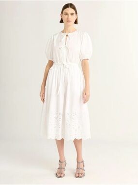 Free Assembly white cotton front tie puff sleeve eyelet lace midi dress Small